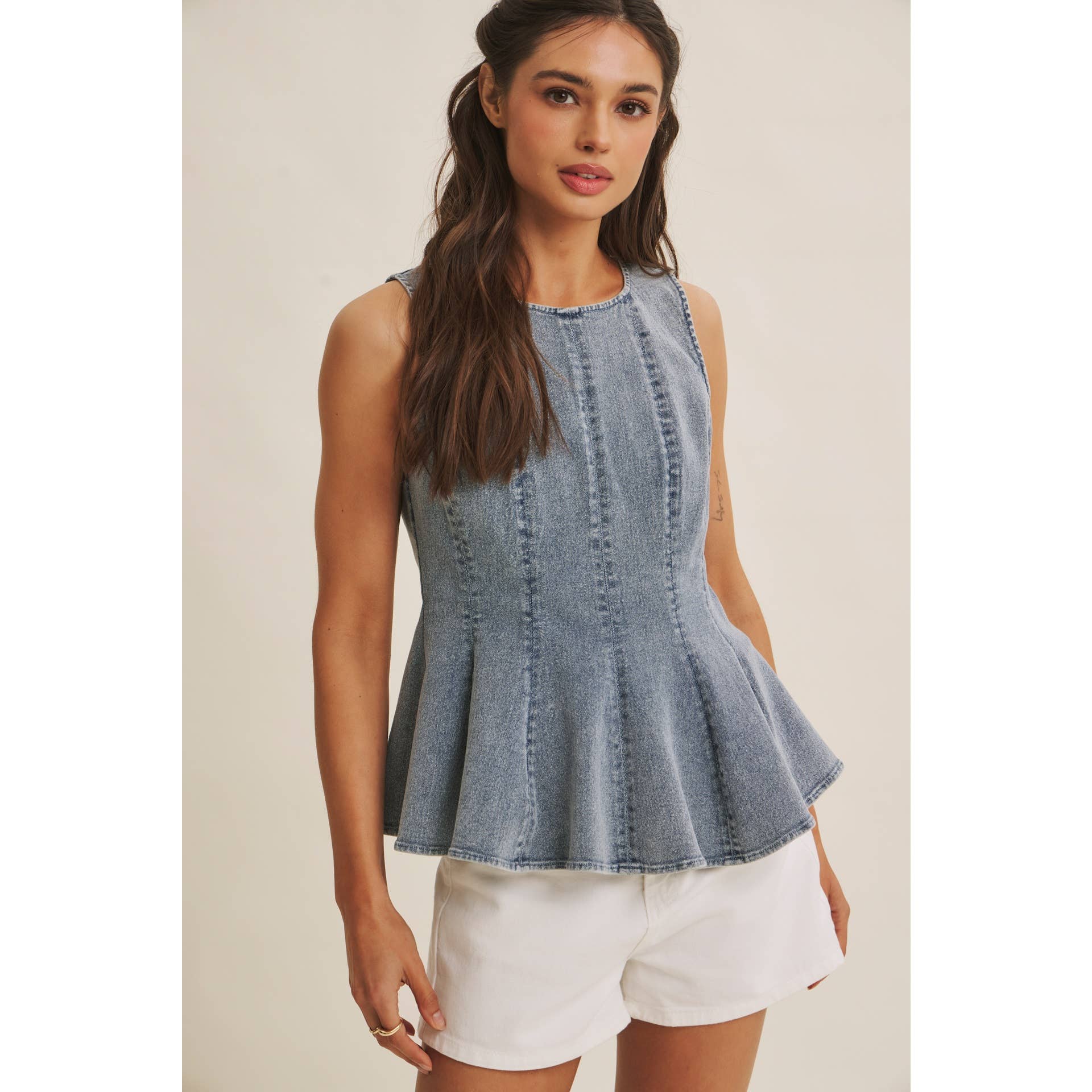 SUNLIT COAST MINERAL-WASHED STRETCH DENIM PEPLUM TOP
