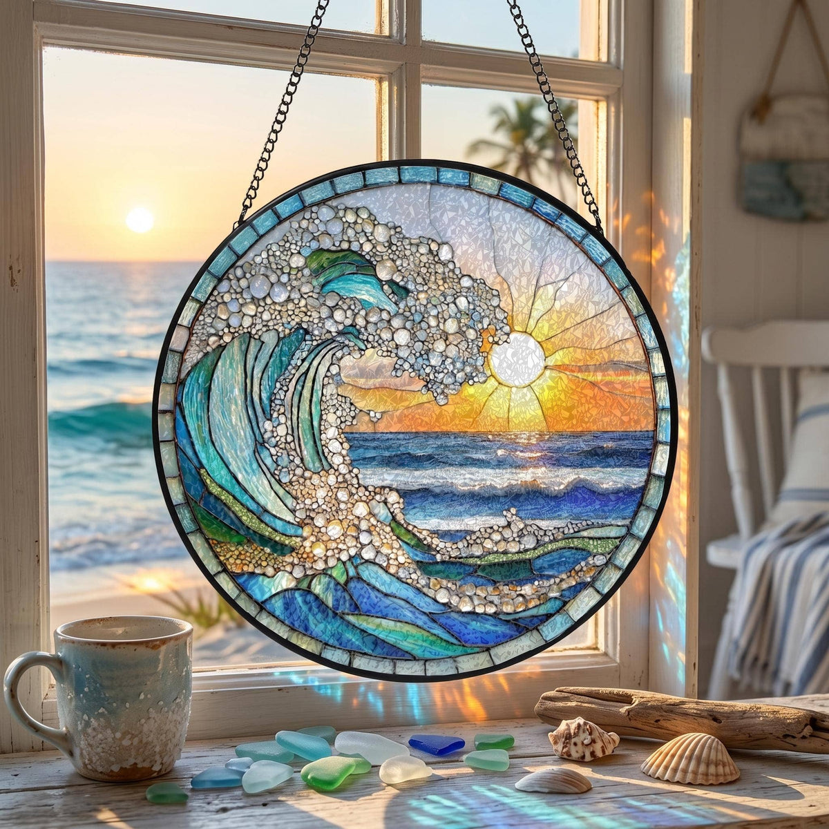 Ocean Wave Stained Glass Suncatcher, Beach Coastal Decor