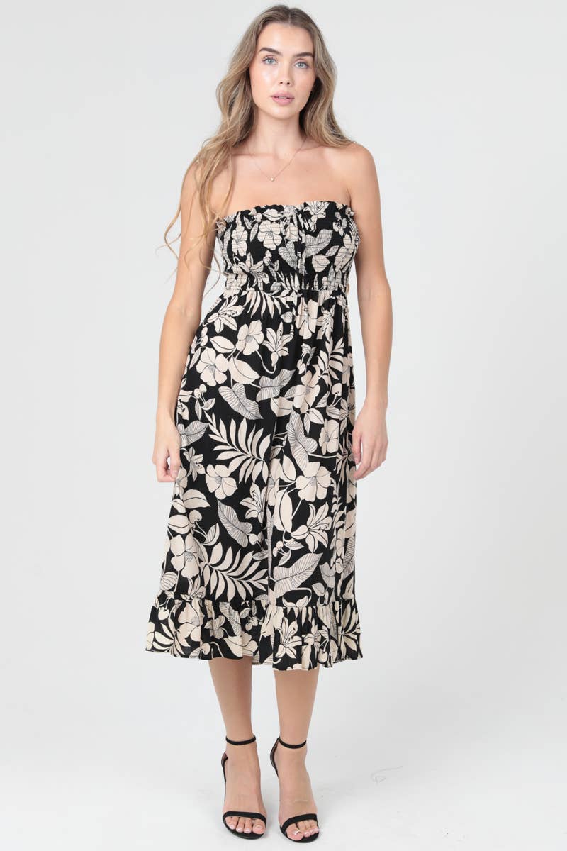 SMOCKED BODICE STRAPLESS MIDI DRESS W POCKETS