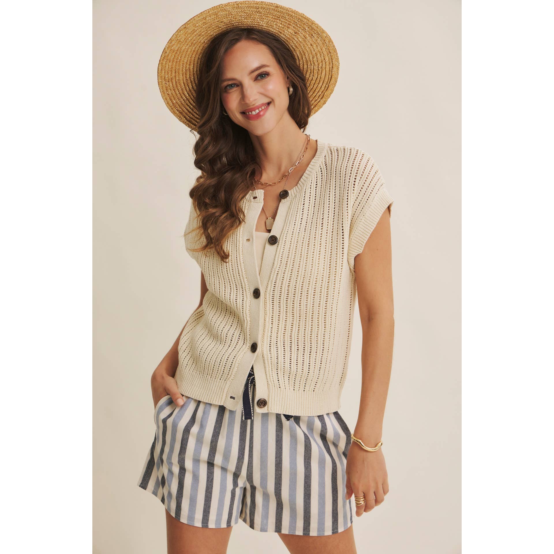 BREEZY NATURAL COTTON OPEN KNIT BUTTON-DOWN SWEATER VEST