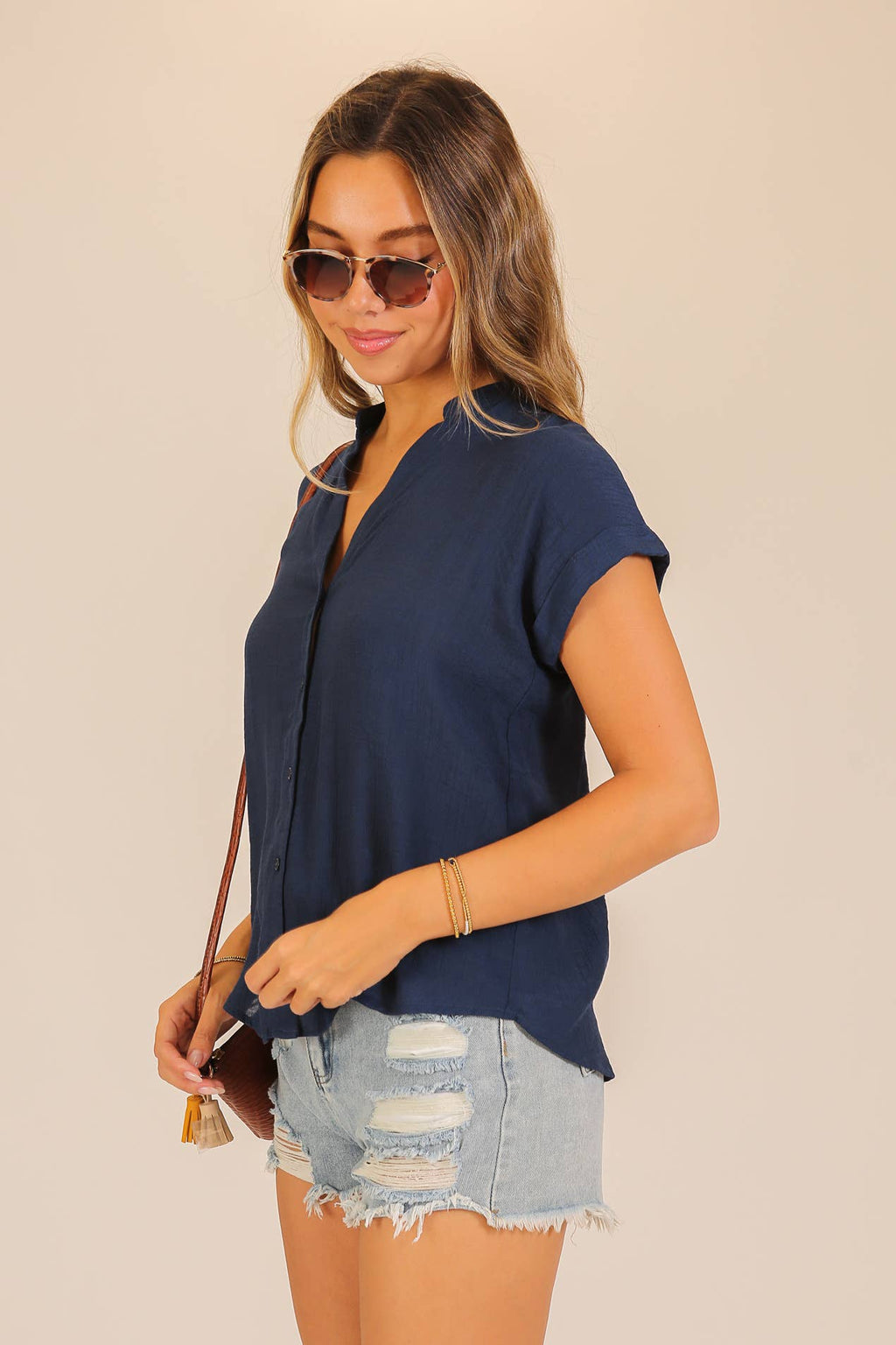 Textured Gauze Button-Front Blouse