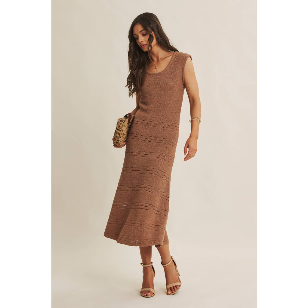 MINIMAL MUSE DROP SHOULDER FITTED TEXTURED KNIT MIDI DRESS