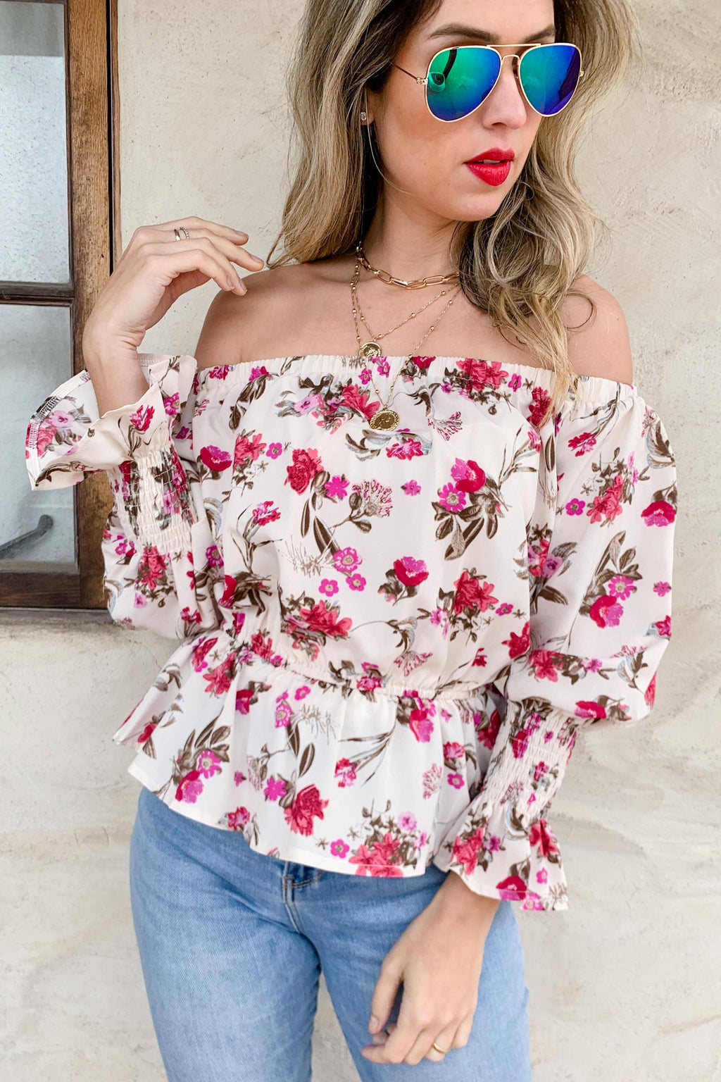 Floral Printed Smocking Detail Bell Sleeve Off Shoulder Top
