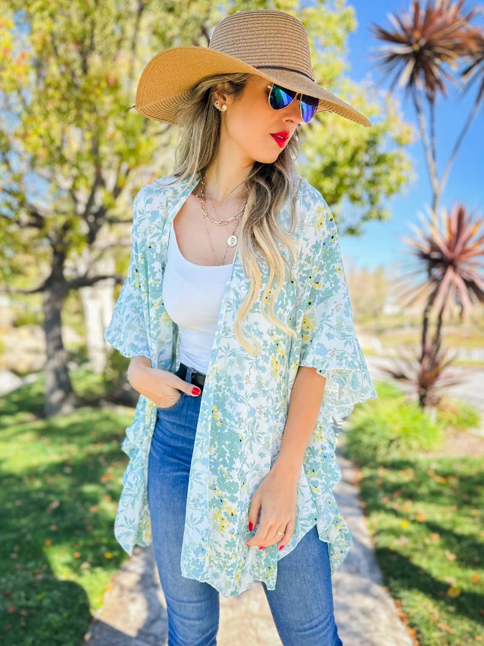 Sage Floral Printed Ruffle Sleeve Kimono Cover Up