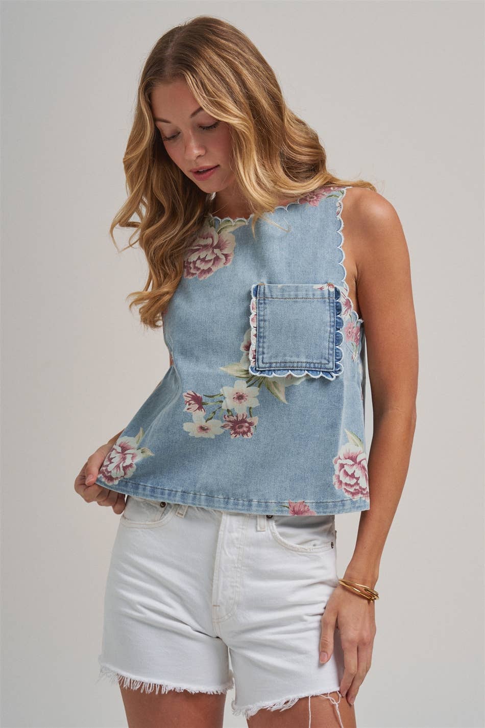 VINTAGE FLORAL DENIM TOP WITH SCALLOPED EDGE DETAIL