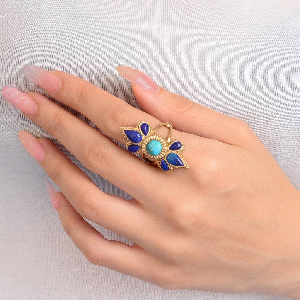 Blue Turquoise and Blue Lapis Sunburst Golden Statement Ring