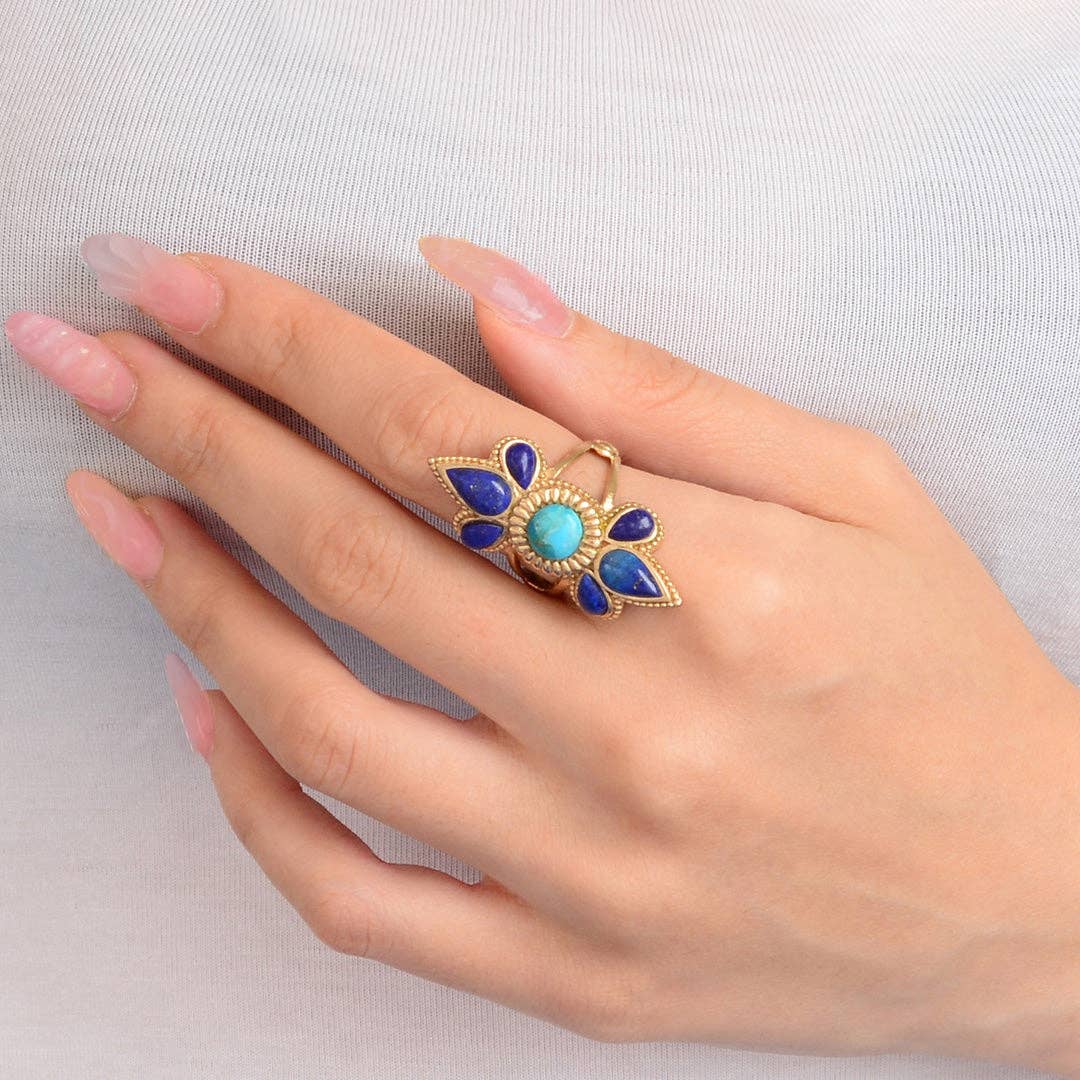 Blue Turquoise and Blue Lapis Sunburst Golden Statement Ring