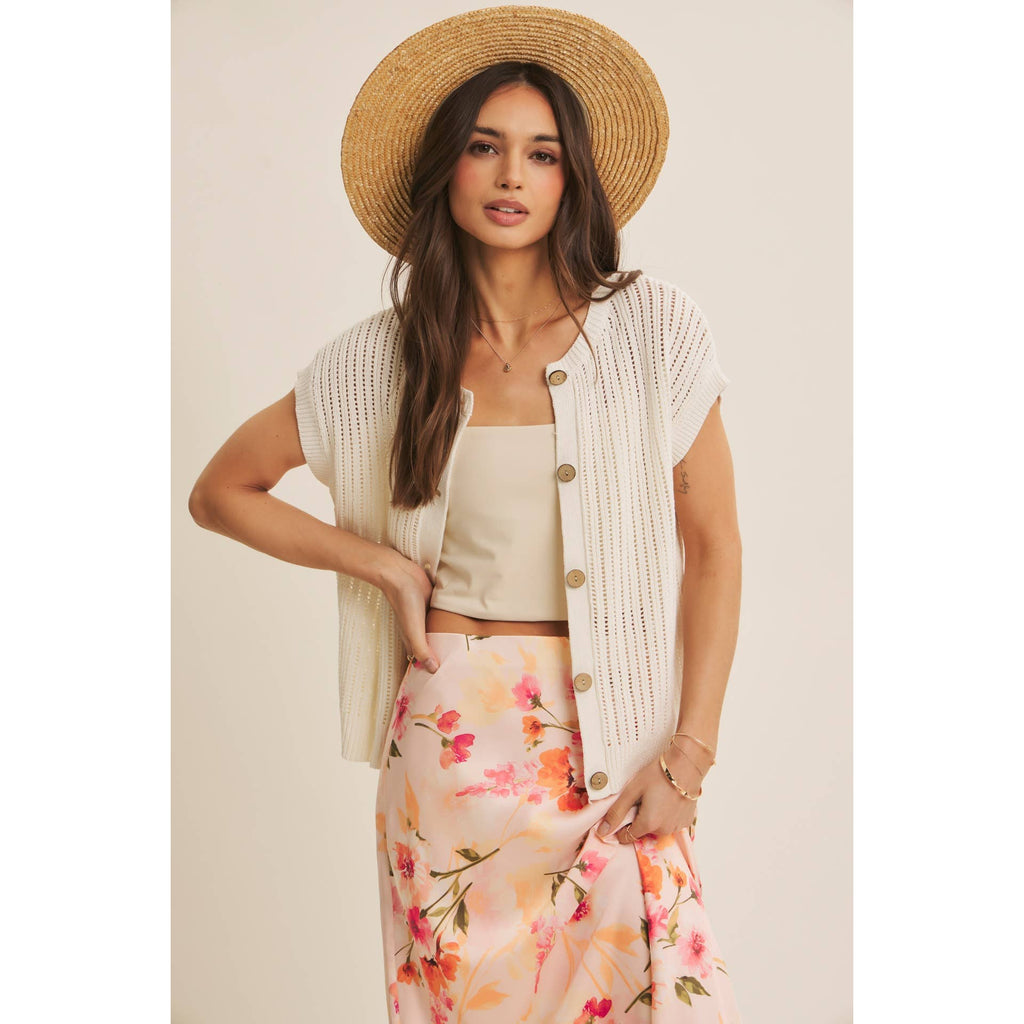 BREEZY NATURAL COTTON OPEN KNIT BUTTON-DOWN SWEATER VEST