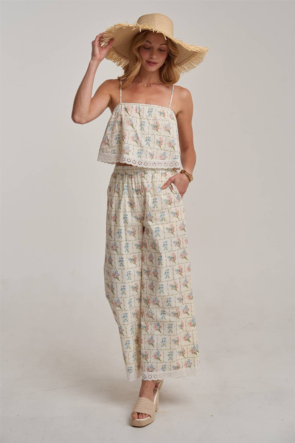 FLORAL CROPPED CAMI TOP AND WIDE LEG PANTS SUMMER SET