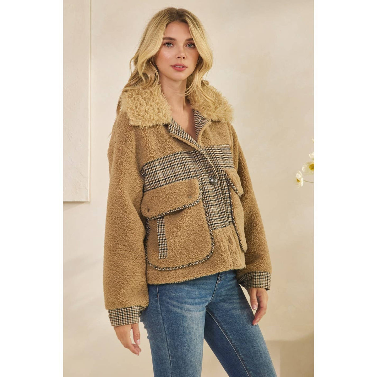 Teddy Jacket with Houndstooth inset