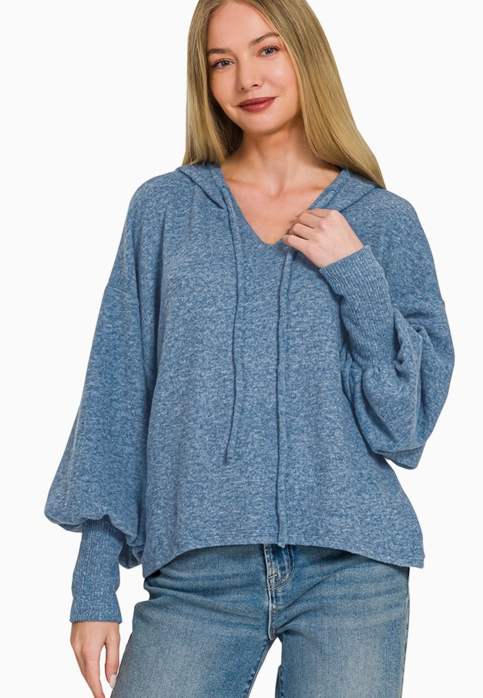 Soft Brushed Hacci Cropped Balloon Sleeve Hoodie Zenana