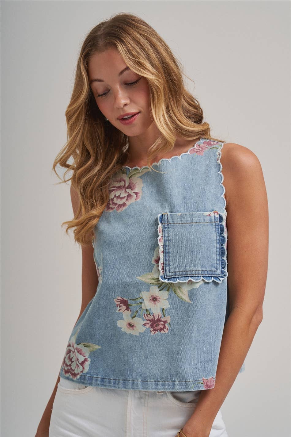 VINTAGE FLORAL DENIM TOP WITH SCALLOPED EDGE DETAIL