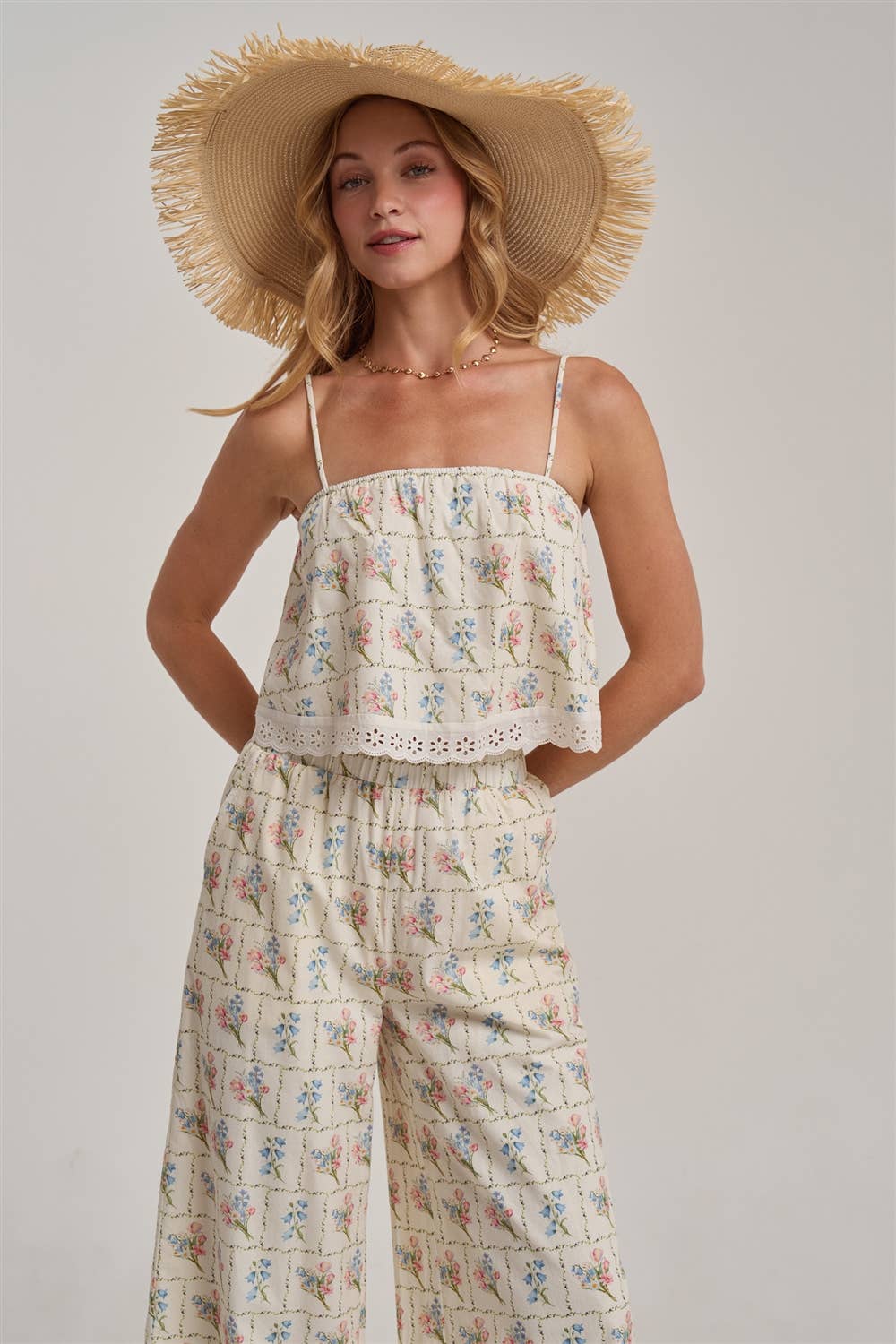 FLORAL CROPPED CAMI TOP AND WIDE LEG PANTS SUMMER SET