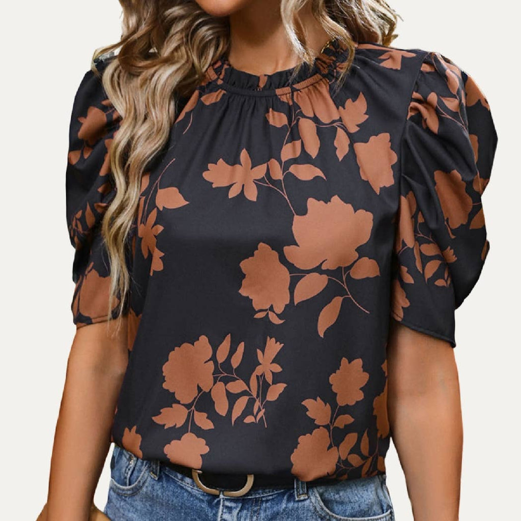 Cute Print Rounded Neck Keyhole Puff Short Sleeve Top