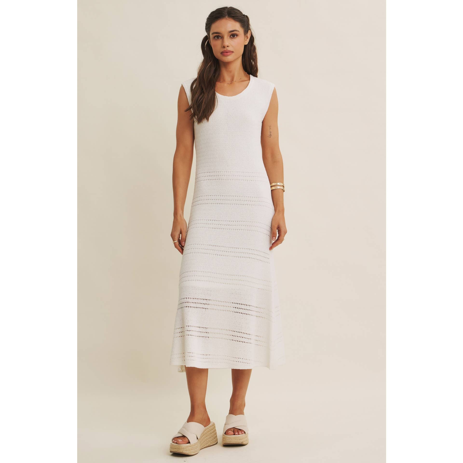 MINIMAL MUSE DROP SHOULDER FITTED TEXTURED KNIT MIDI DRESS