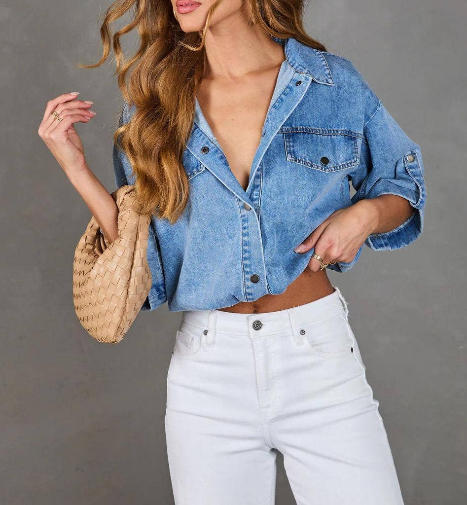 Cropped Denim Shirt with Roll Tab Sleeves