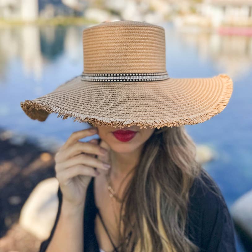 Crown Straw Floppy Hat Tan Frayed Brim with Rhinestone Band