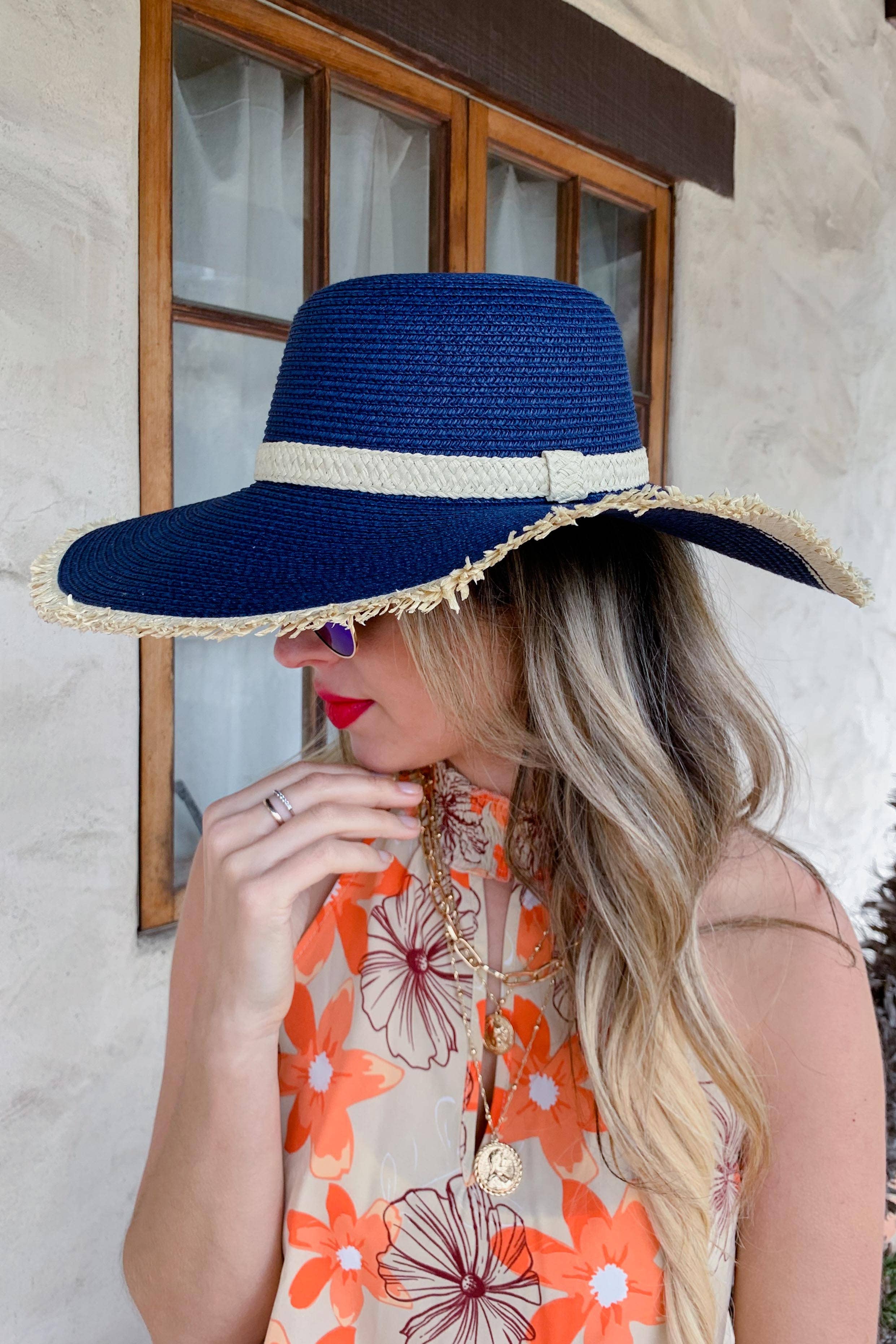 Navy Natural Straw Floppy Hat With Beige Straw Band