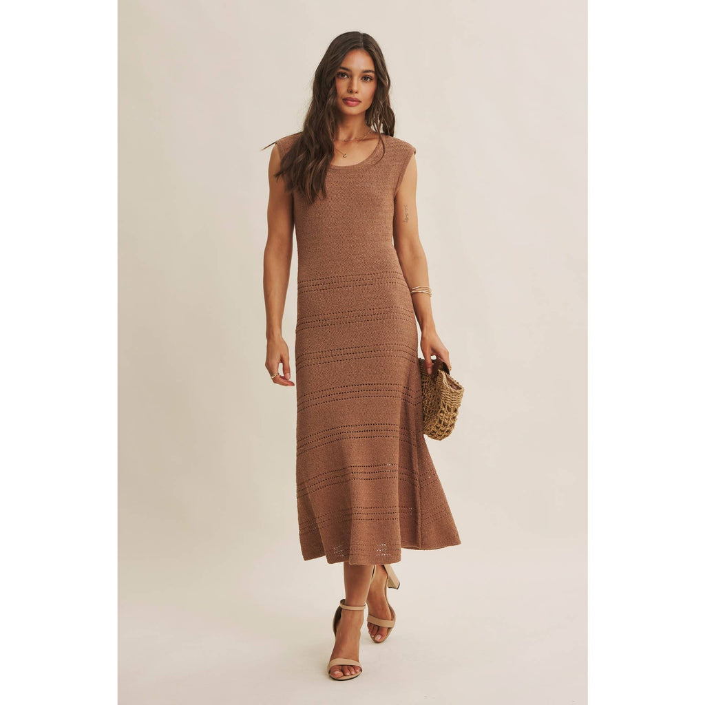 MINIMAL MUSE DROP SHOULDER FITTED TEXTURED KNIT MIDI DRESS