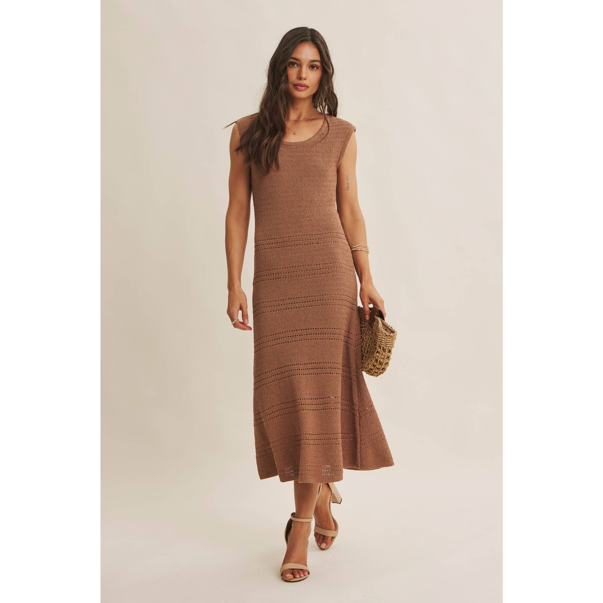 MINIMAL MUSE DROP SHOULDER FITTED TEXTURED KNIT MIDI DRESS
