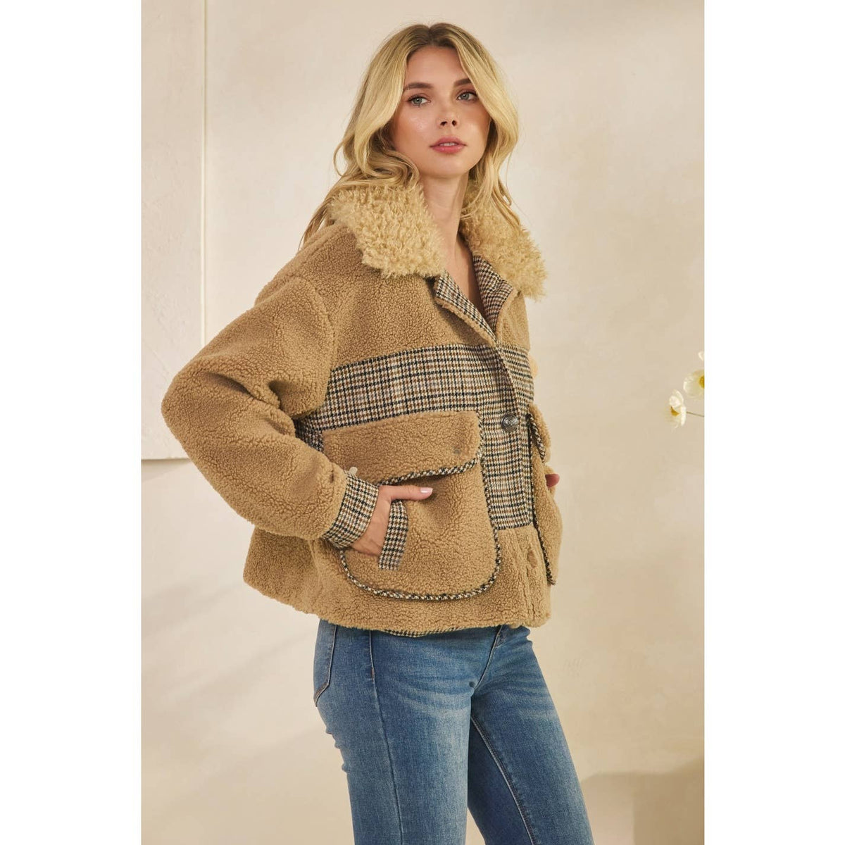 Teddy Jacket with Houndstooth inset