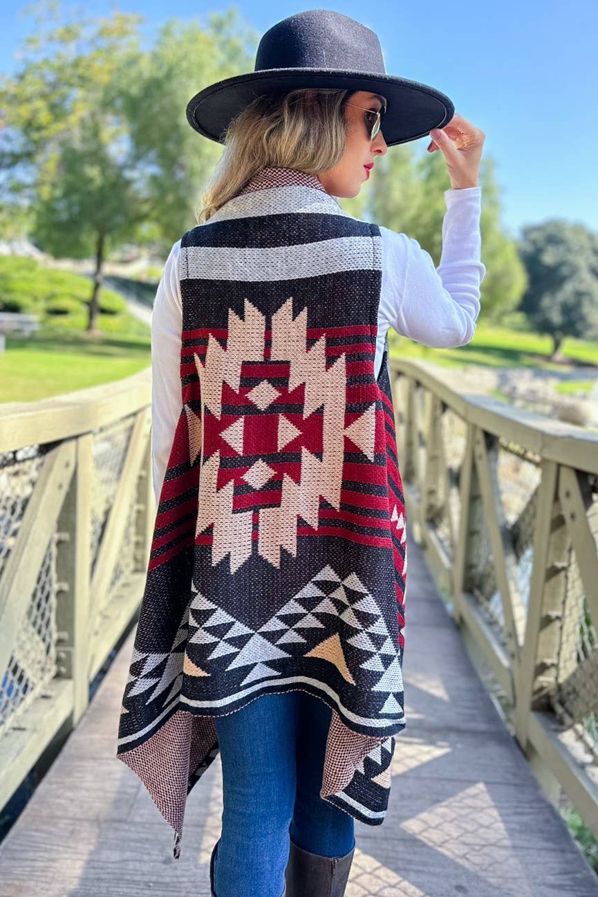 Western Aztec Printed Open Front Knitted Cowl Vest