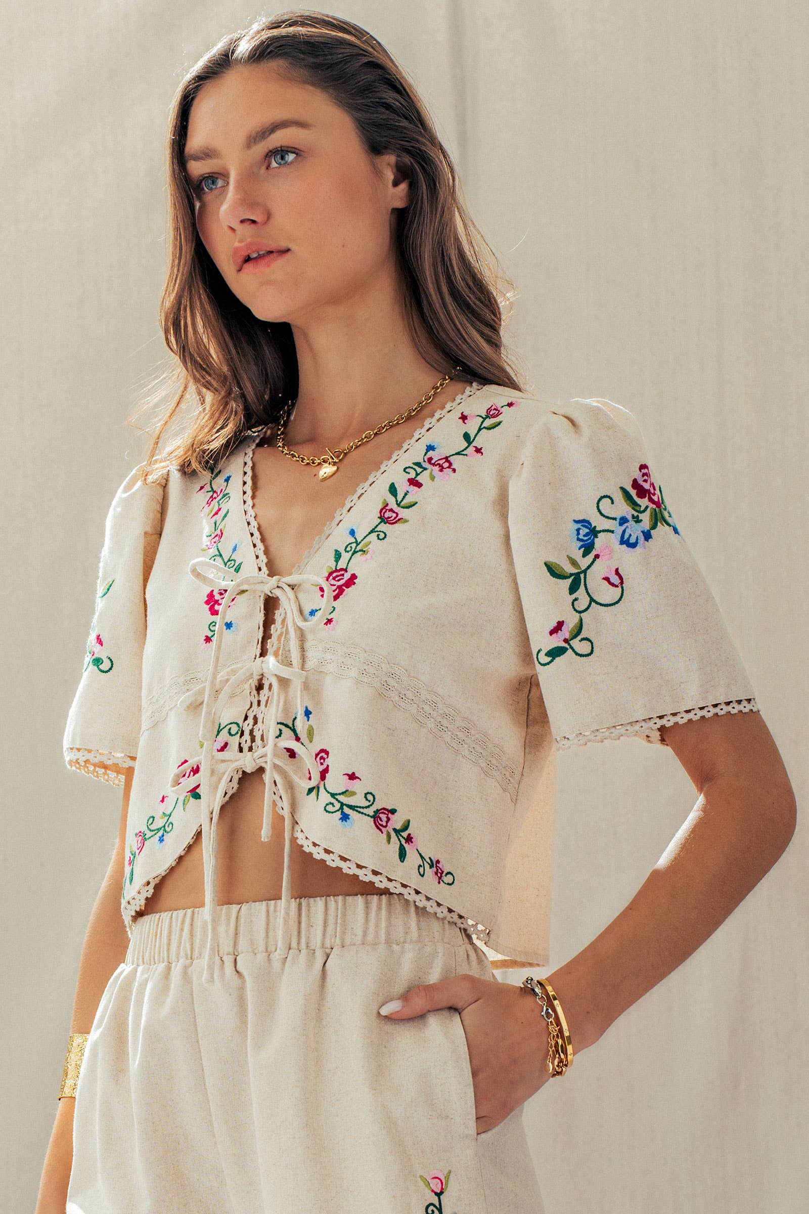 Embroidered Tie-Front Boho Crop Top