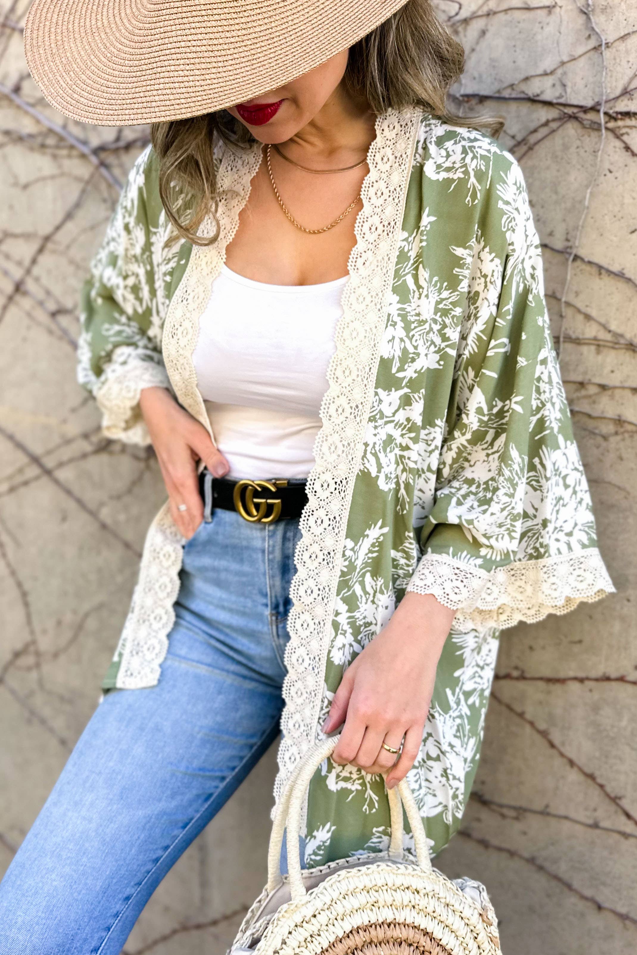 Olive Floral Print Lace Detail 3/4 Sleeve Kimono Cardigan
