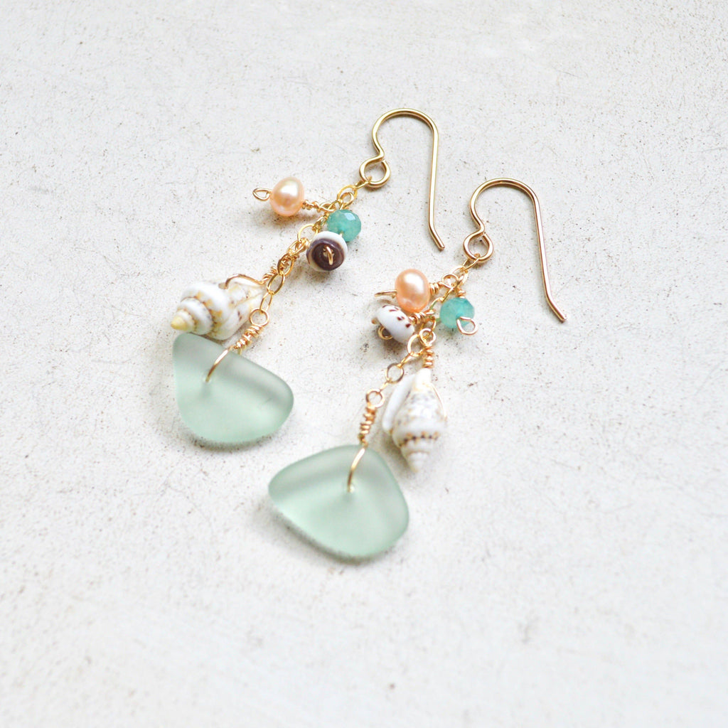 Sea Foam Glass and Puka Shell Earrings