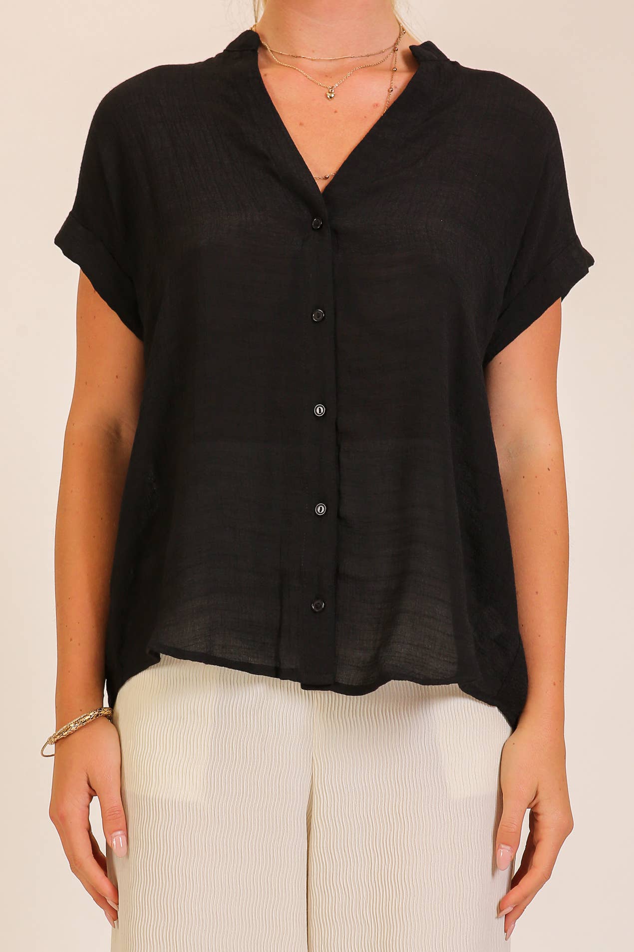 Textured Gauze Button-Front Blouse