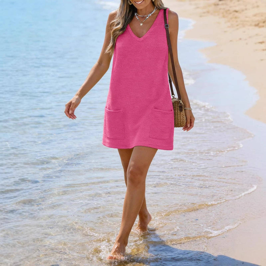 Textured Knit Tank Dress Casual Pocket Mini Dress