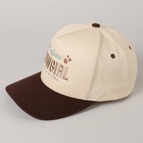 Beige and brown cap with text on a gray background