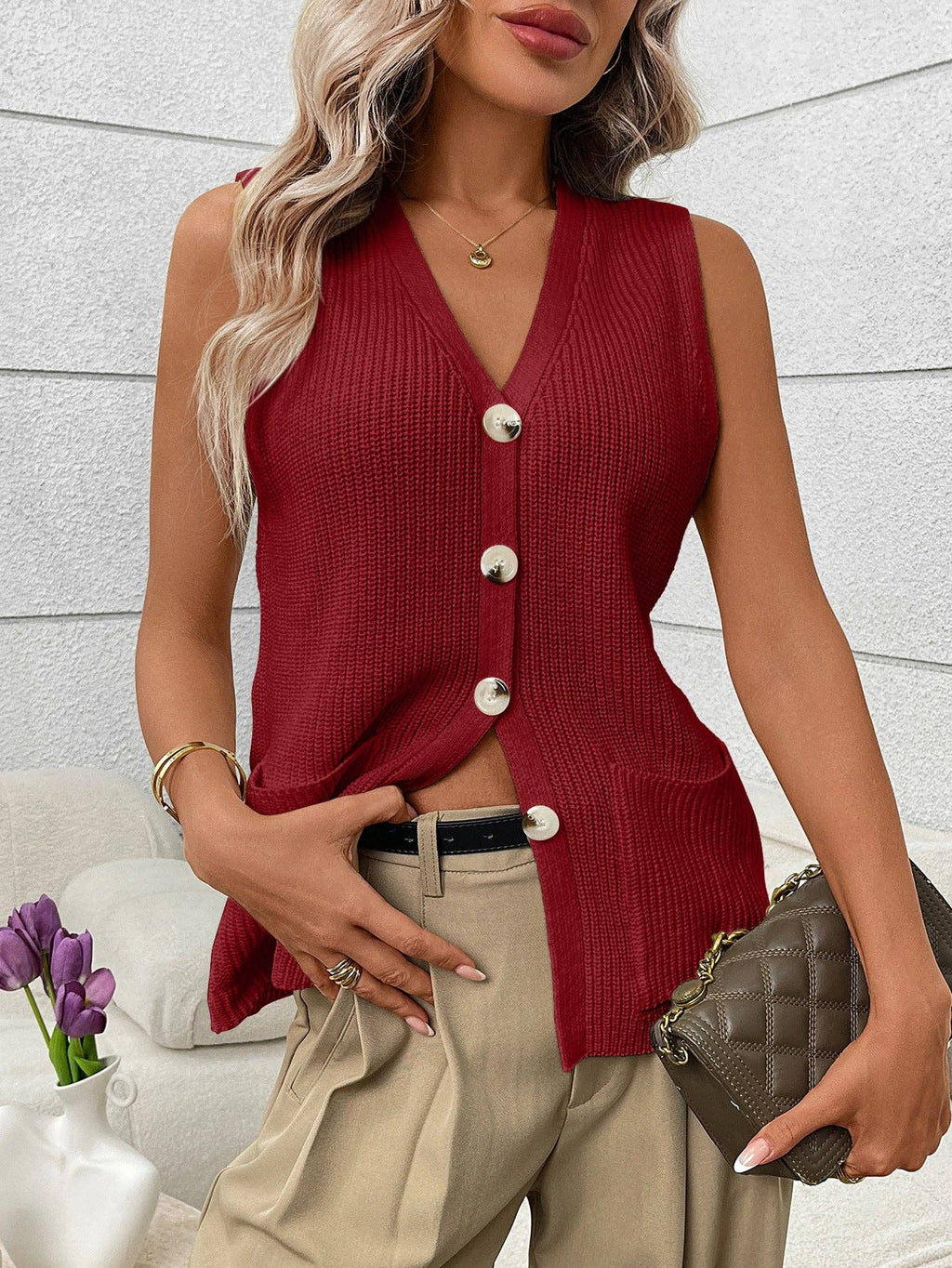 Women’s Sleeveless Knit Button Down Cardigan Sweater Vest