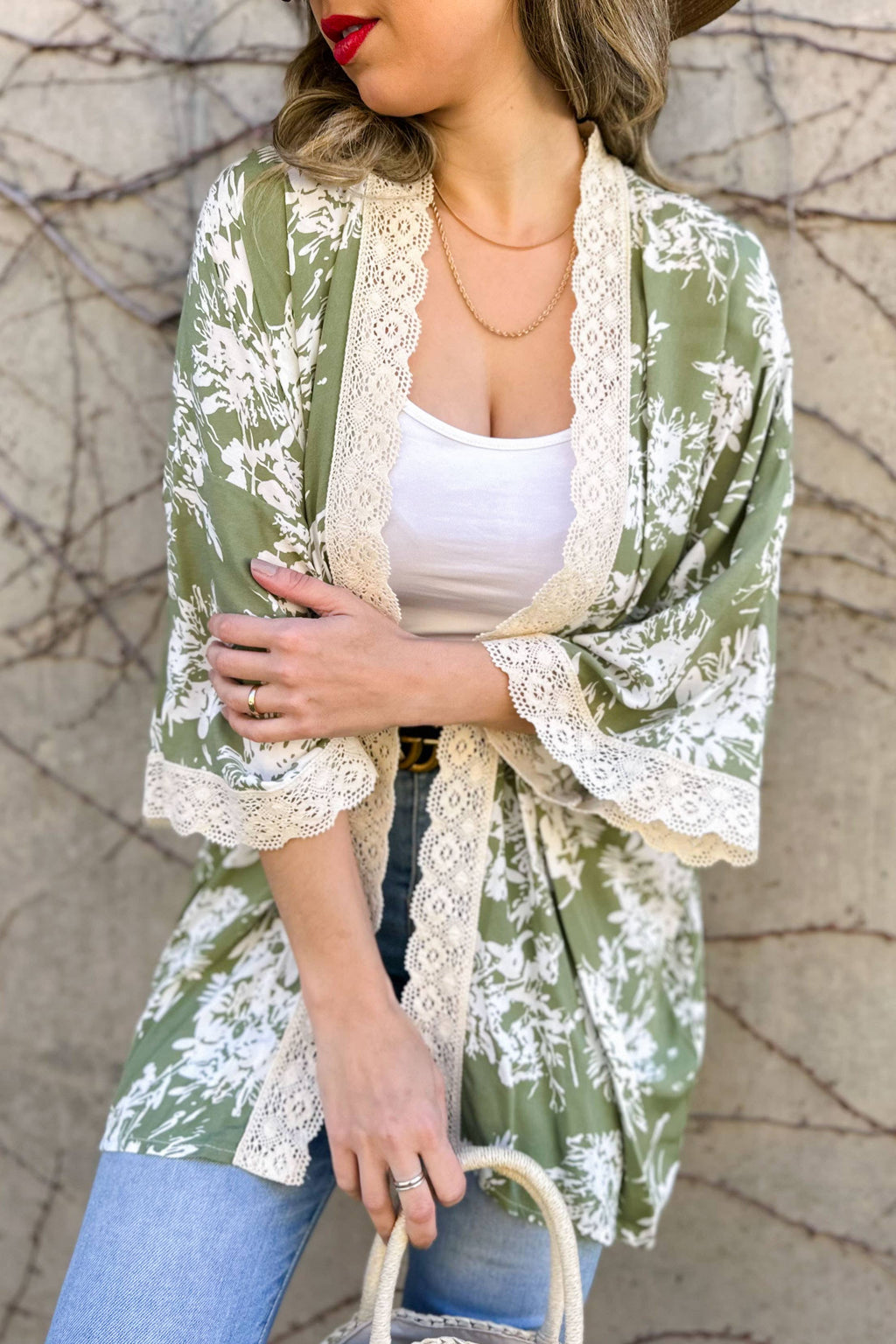 Olive Floral Print Lace Detail 3/4 Sleeve Kimono Cardigan