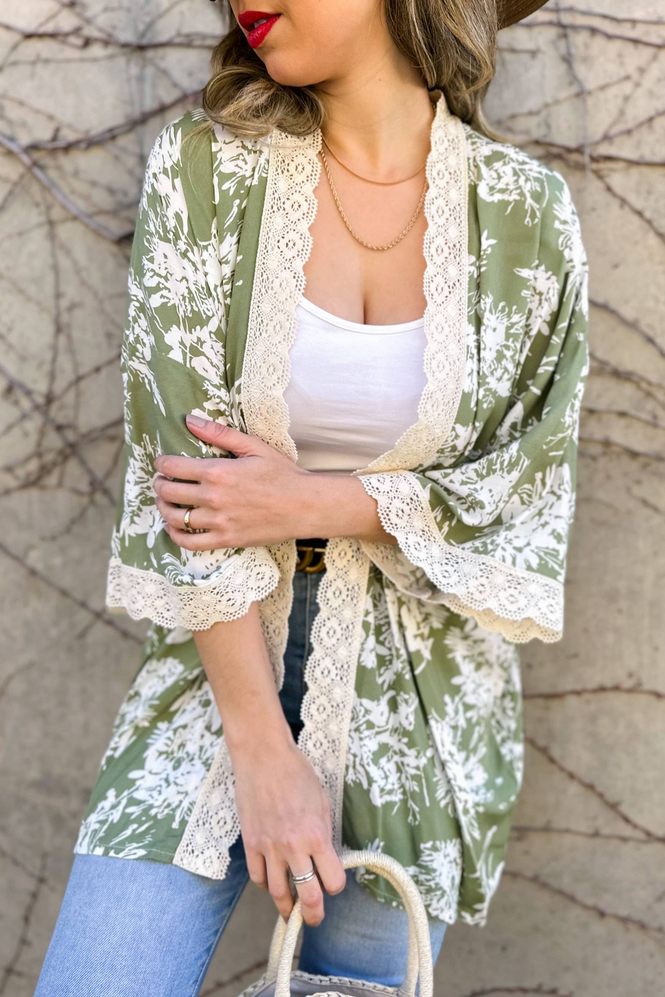 Olive Floral Print Lace Detail 3/4 Sleeve Kimono Cardigan