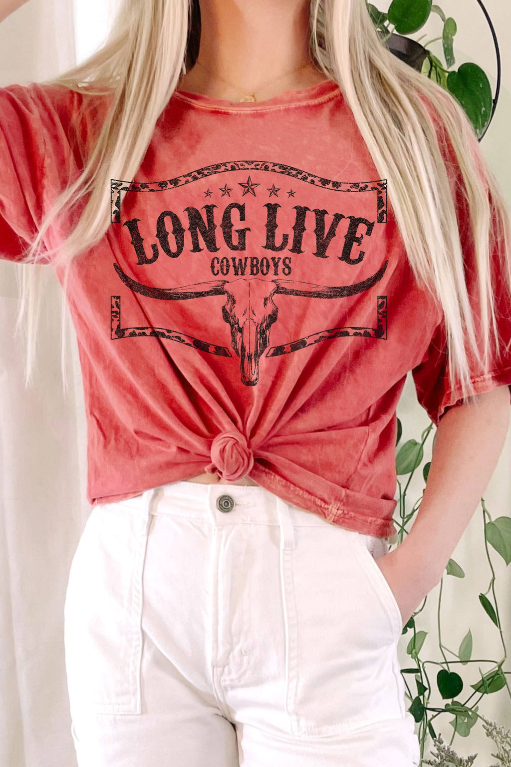 LONG LIVE COWBOY COW SKULL MINERAL GRAPHIC LONG CROP TOP