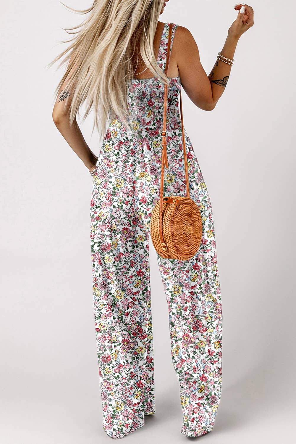 Spring Floral Print Smocked High Waist Square Neck Jumpsuit