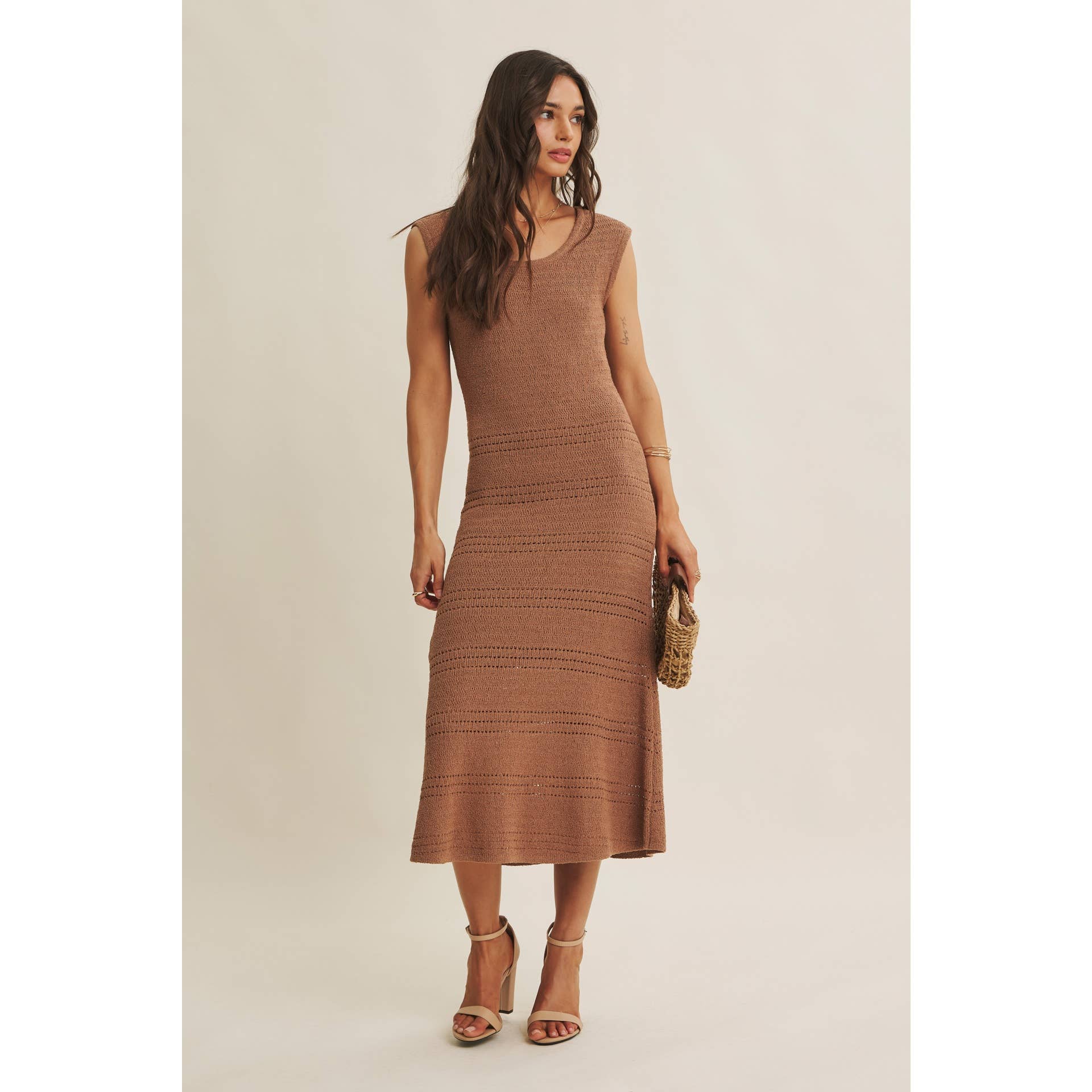 MINIMAL MUSE DROP SHOULDER FITTED TEXTURED KNIT MIDI DRESS