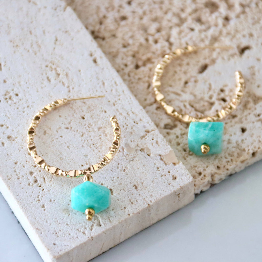 African Turquoise Textured Hoop Earrings