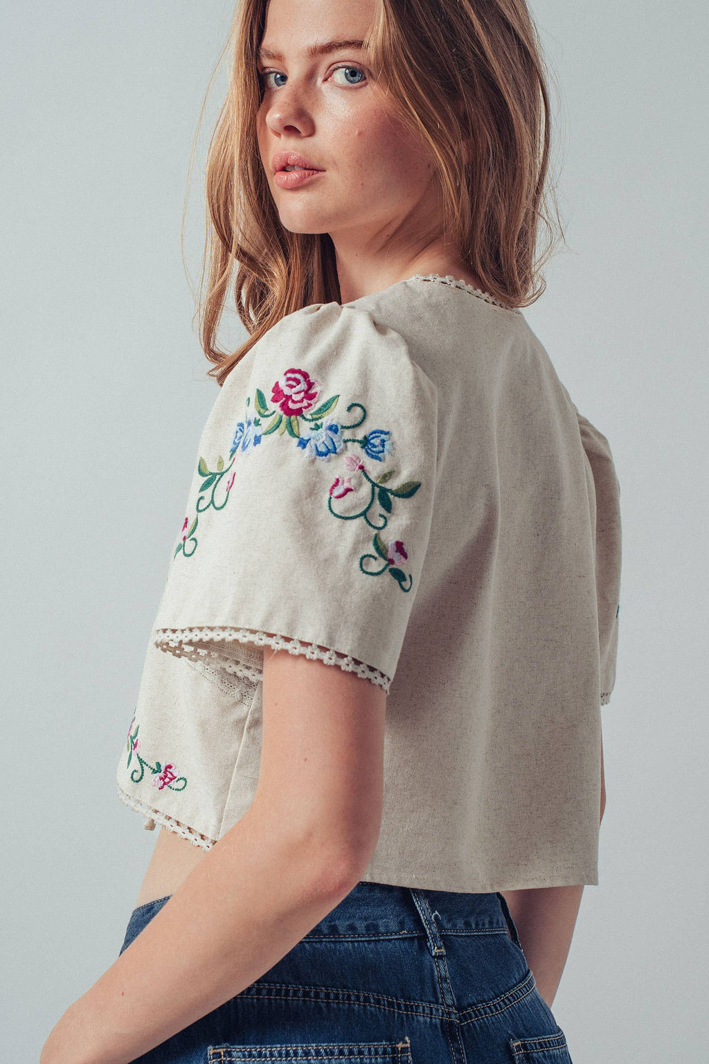 Embroidered Tie-Front Boho Crop Top