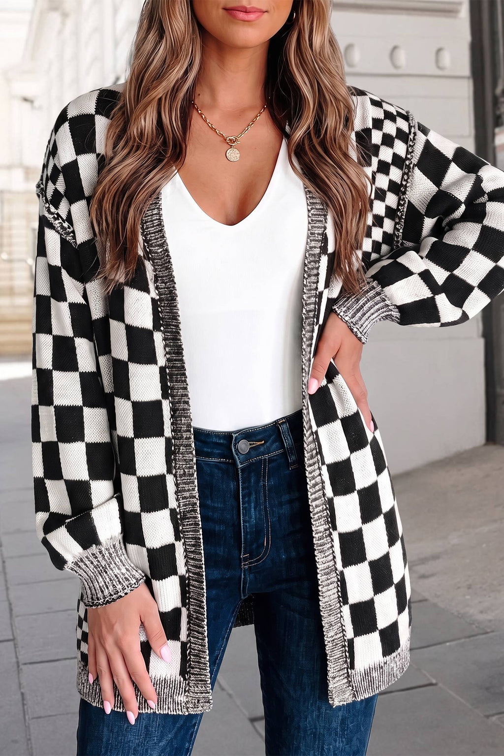 Checkered Open Front Drop Shoulder Cardigan | S-XL