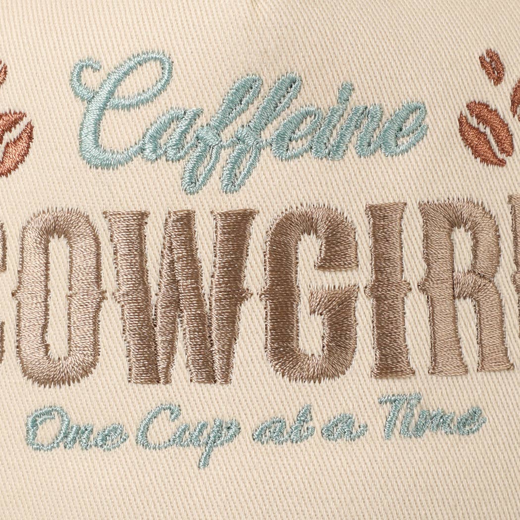 Embroidered text on fabric with coffee-themed design