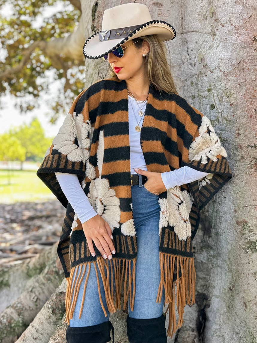Brown Western Boho 3D Floral Stripe Fringe Ruana Cardigan