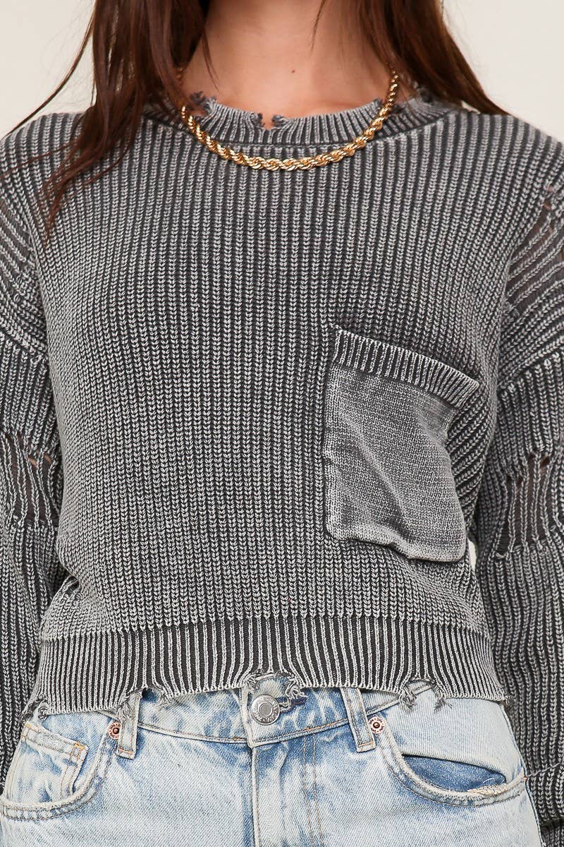 Cropped Mineral Wash Distressed Sweater