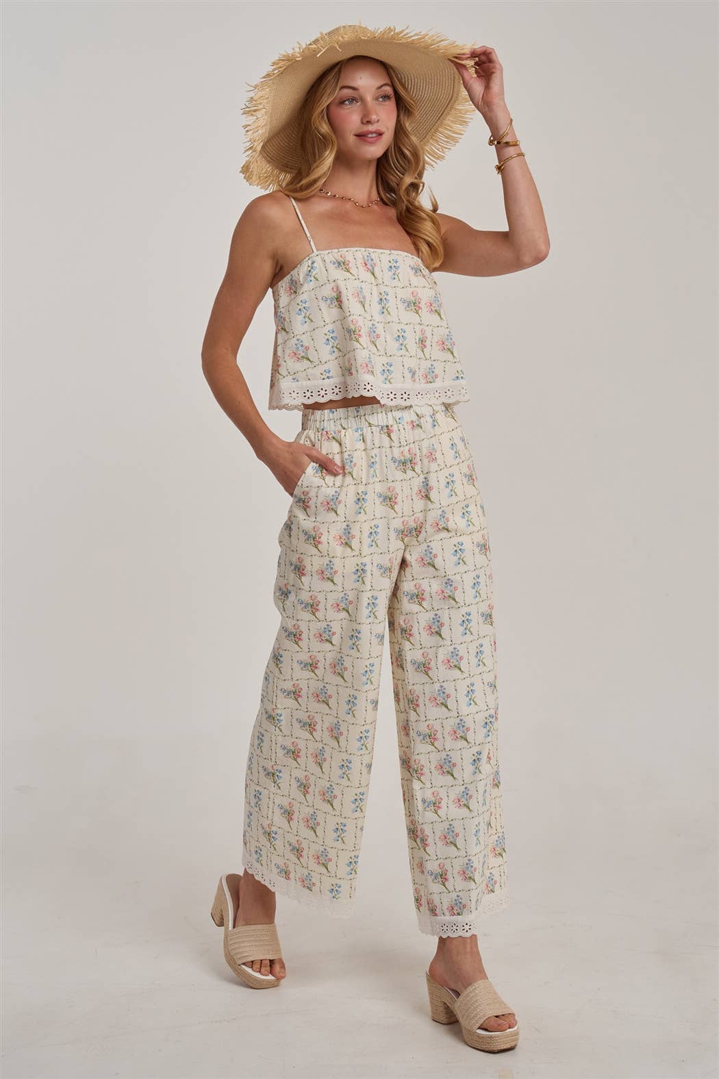 FLORAL CROPPED CAMI TOP AND WIDE LEG PANTS SUMMER SET