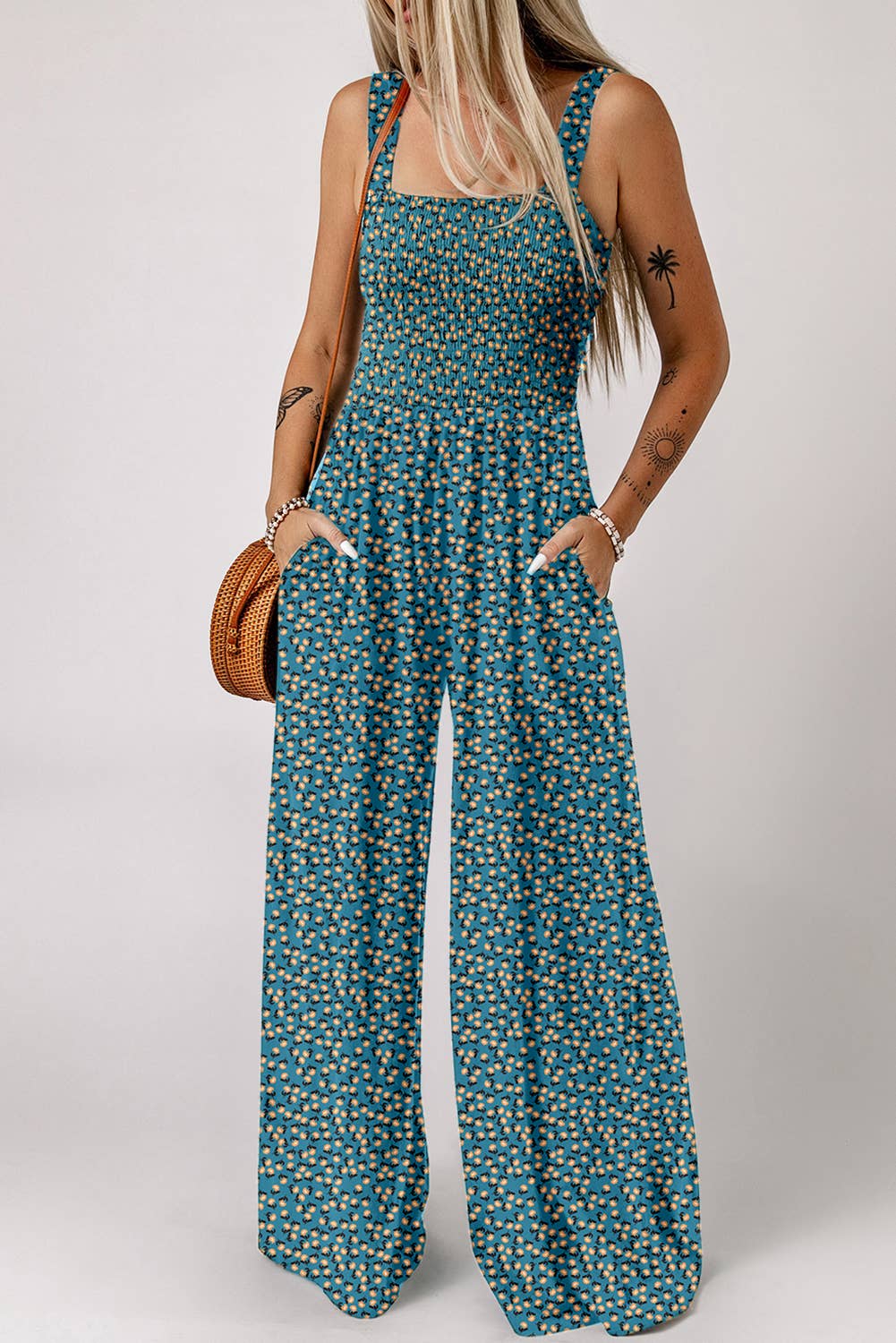 Spring Floral Print Smocked High Waist Square Neck Jumpsuit