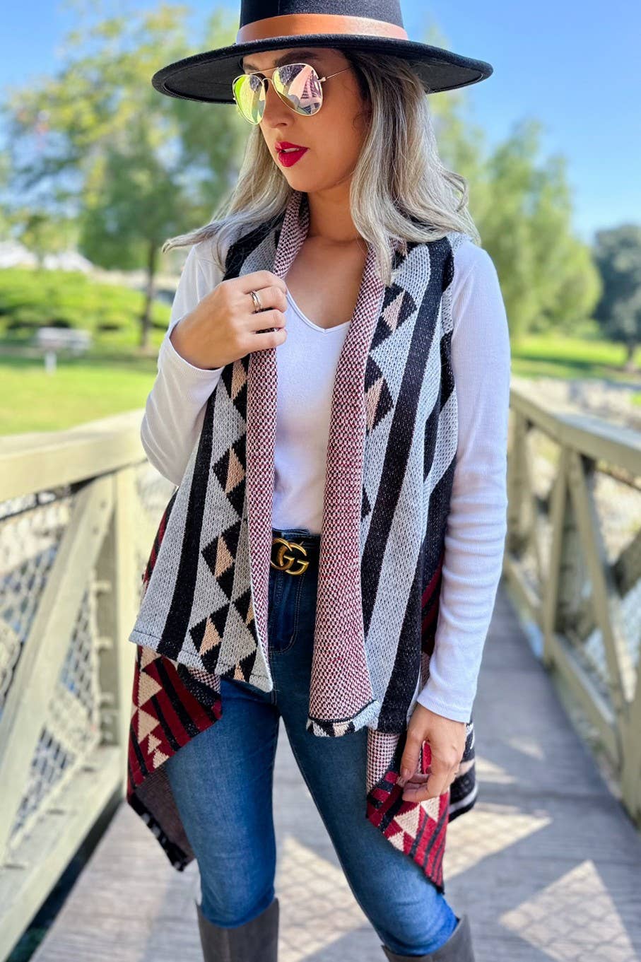 Western Aztec Printed Open Front Knitted Cowl Vest