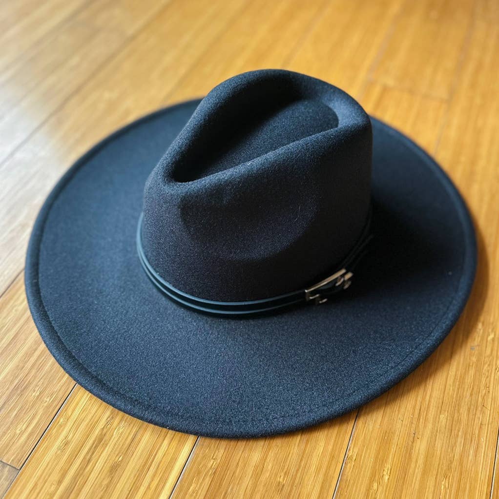 Sleek Black Fedora with Faux Leather Double Buckle Trim
