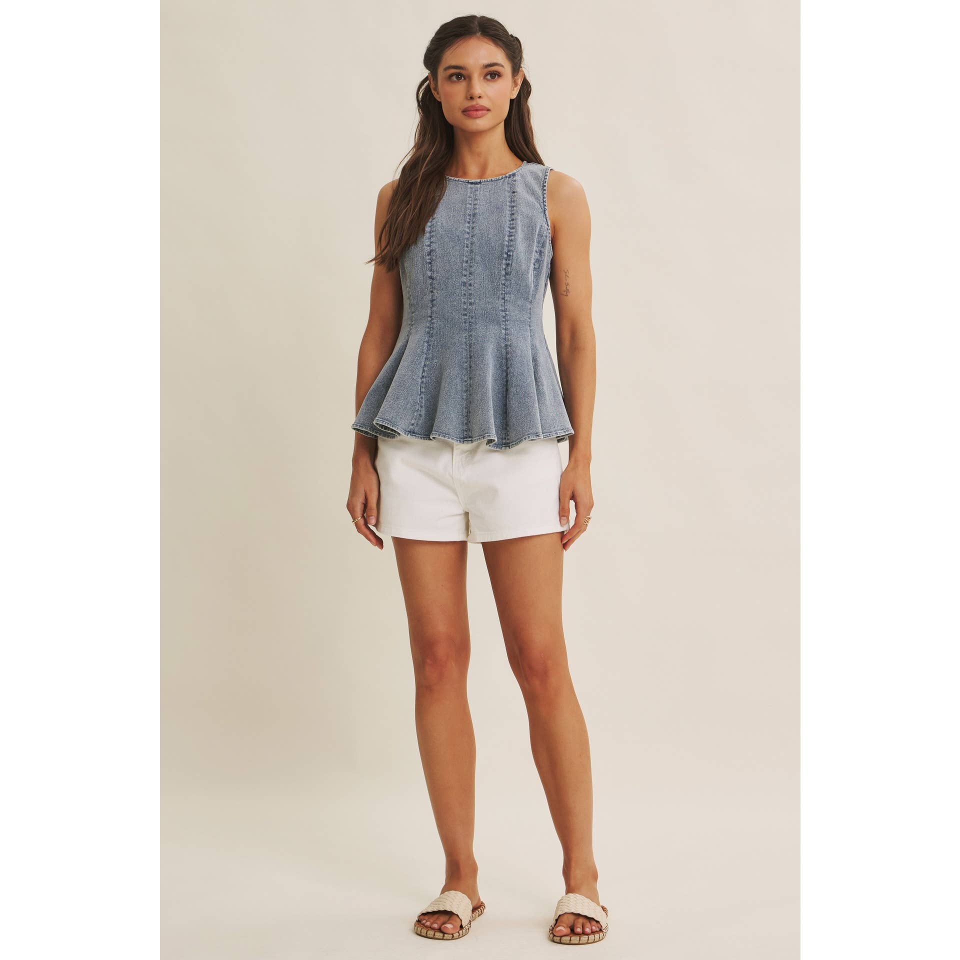 SUNLIT COAST MINERAL-WASHED STRETCH DENIM PEPLUM TOP