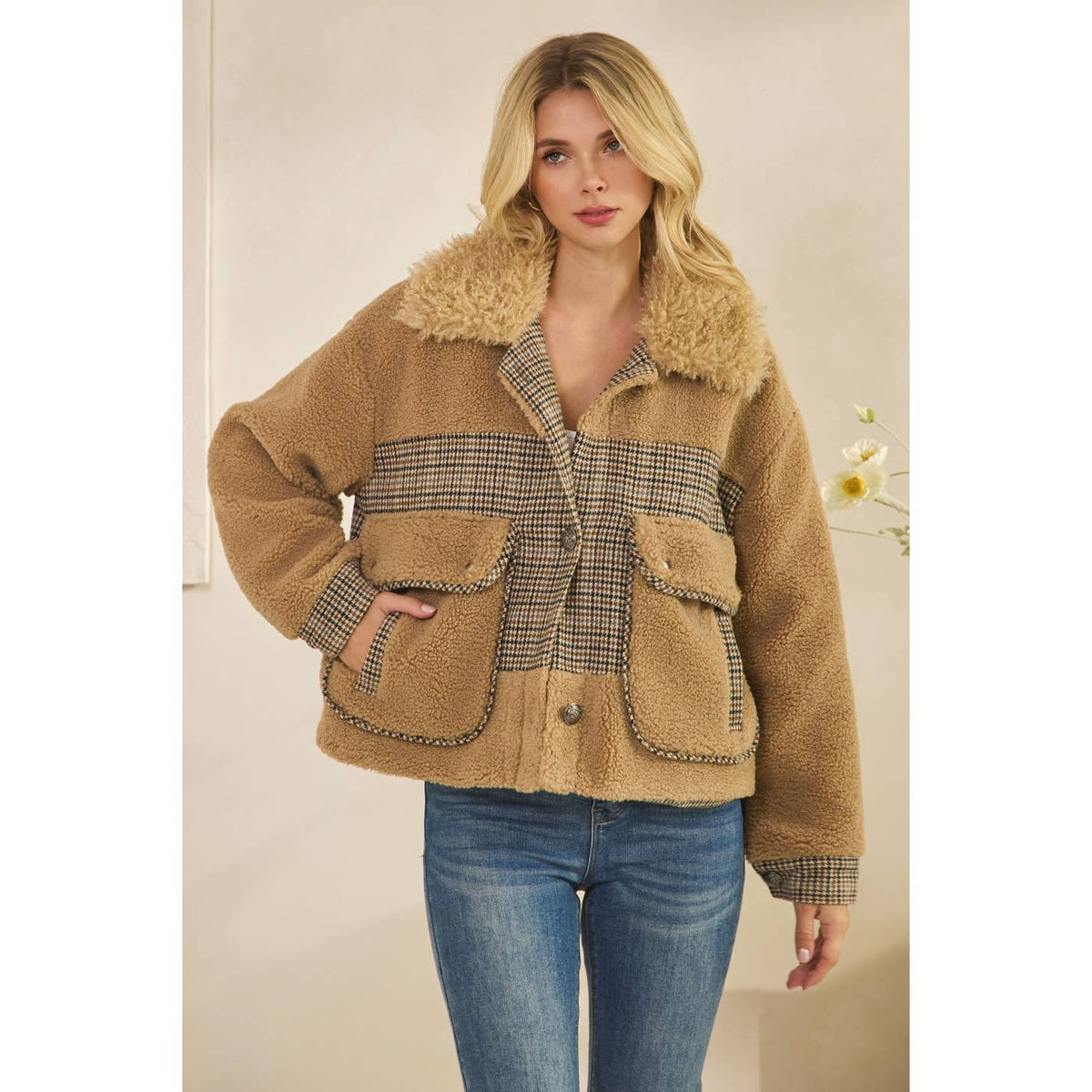 Teddy Jacket with Houndstooth inset